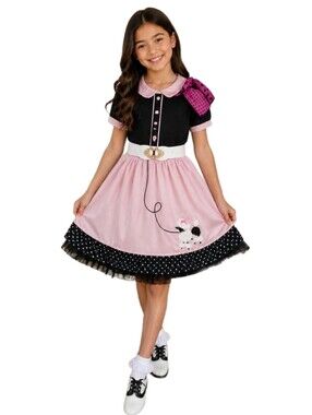 50's Poodle Skirt Dress Halloween Costume Set Pink Sock Hop Size L(12-14)